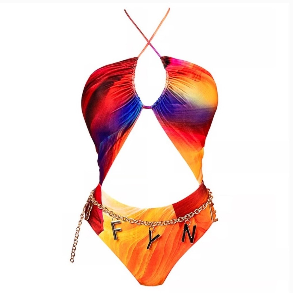 BFyne Quinn One Piece Swimsuit Sunset Print Halter High Cut XL New